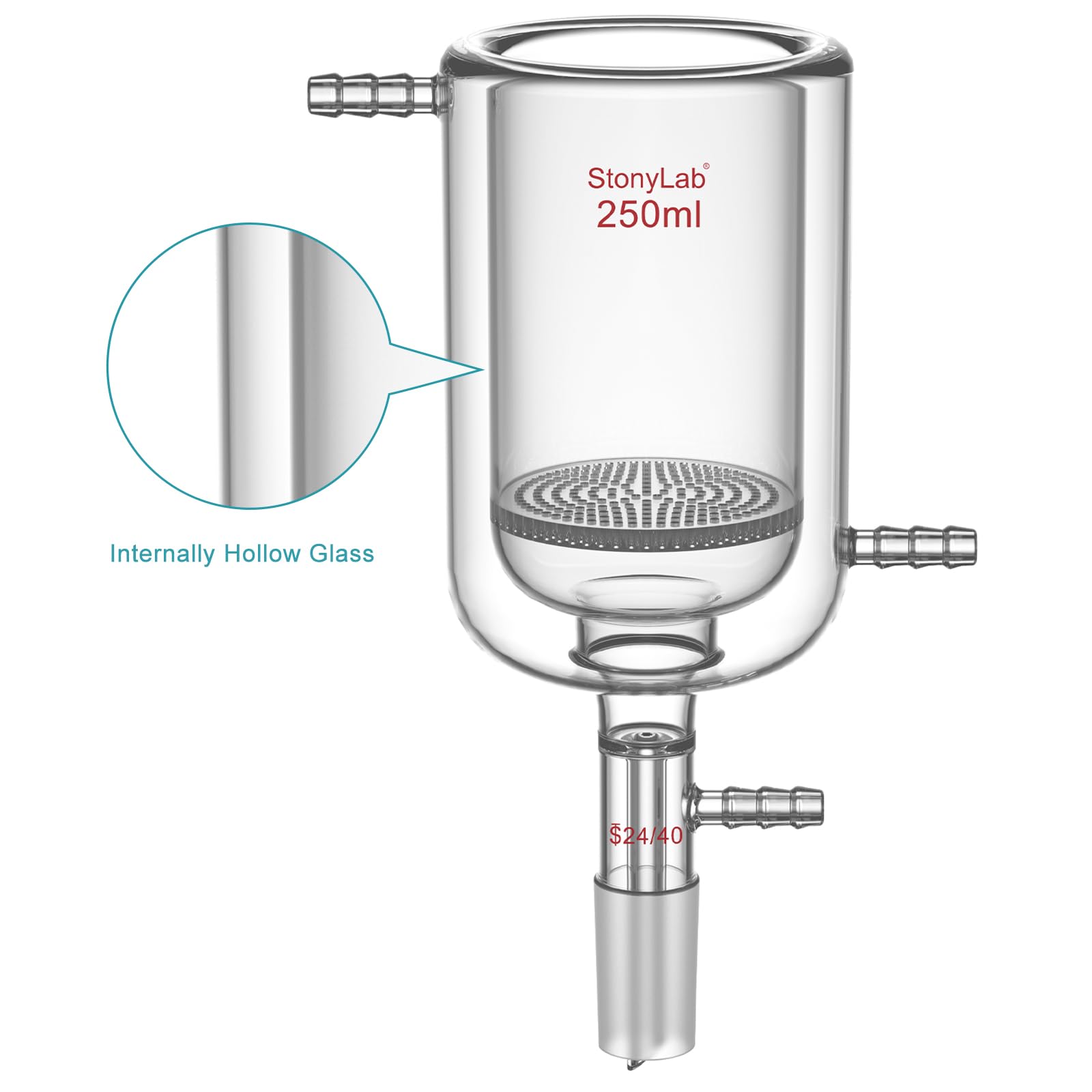 stonylab Embudo Buchner de Vidrio con Camisa y Disco Fritado de 1,5 mm, 250 ml, Unión 24/40 y Conexión de Manguera de 10 mm para Filtración al Vacío en Laboratorio