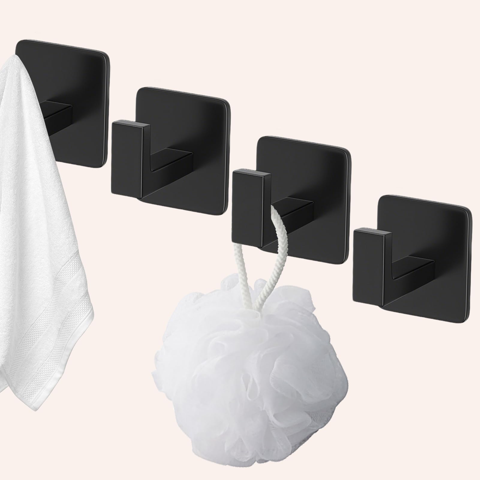 Paquete de 4 ganchos cuadrados autoadhesivos para toallas, gancho negro mate para toallas de baño, sin taladrar, gancho de pared de aluminio resistente para baño, dormitorio, cocina (2