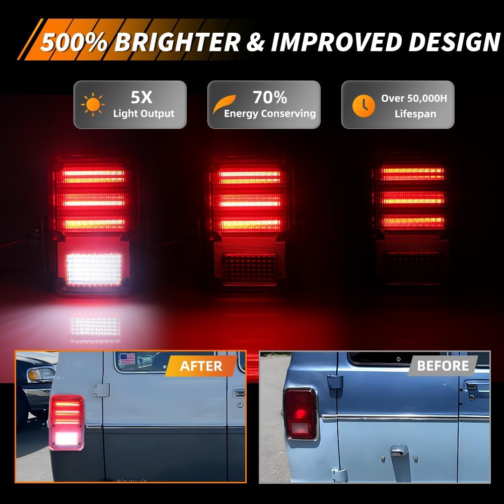 Tail Light Compatible with Dodge Truck Van 1978-1993, [DOT] Red LED Taillight Lamps, White Backup Reverse Lights, Replace OEM #4057973 4057972 | CH2808102 CH2809102, 1 Pair, Red Lens