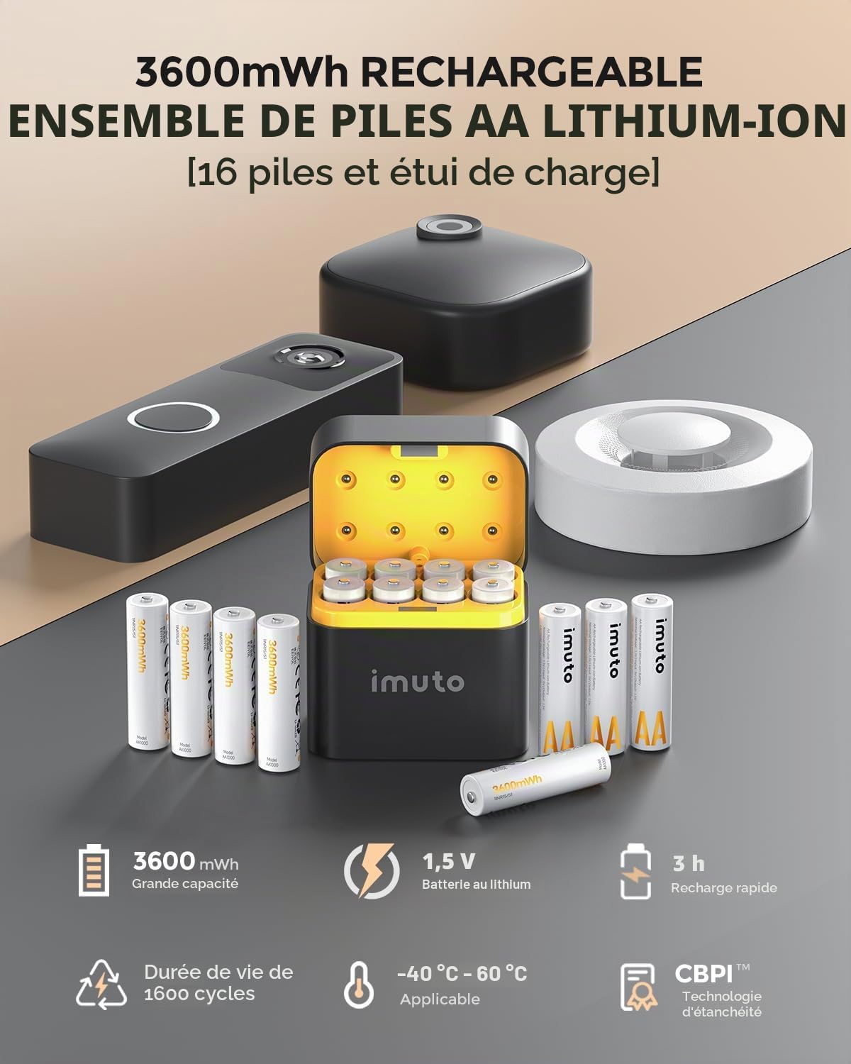 imuto Lot de 16 Piles AA Rechargeables 1,5 V 3600 mWh, Piles Rechargeables AA au Lithium 1600 Cycles avec écran LED Noir, Charge Rapide