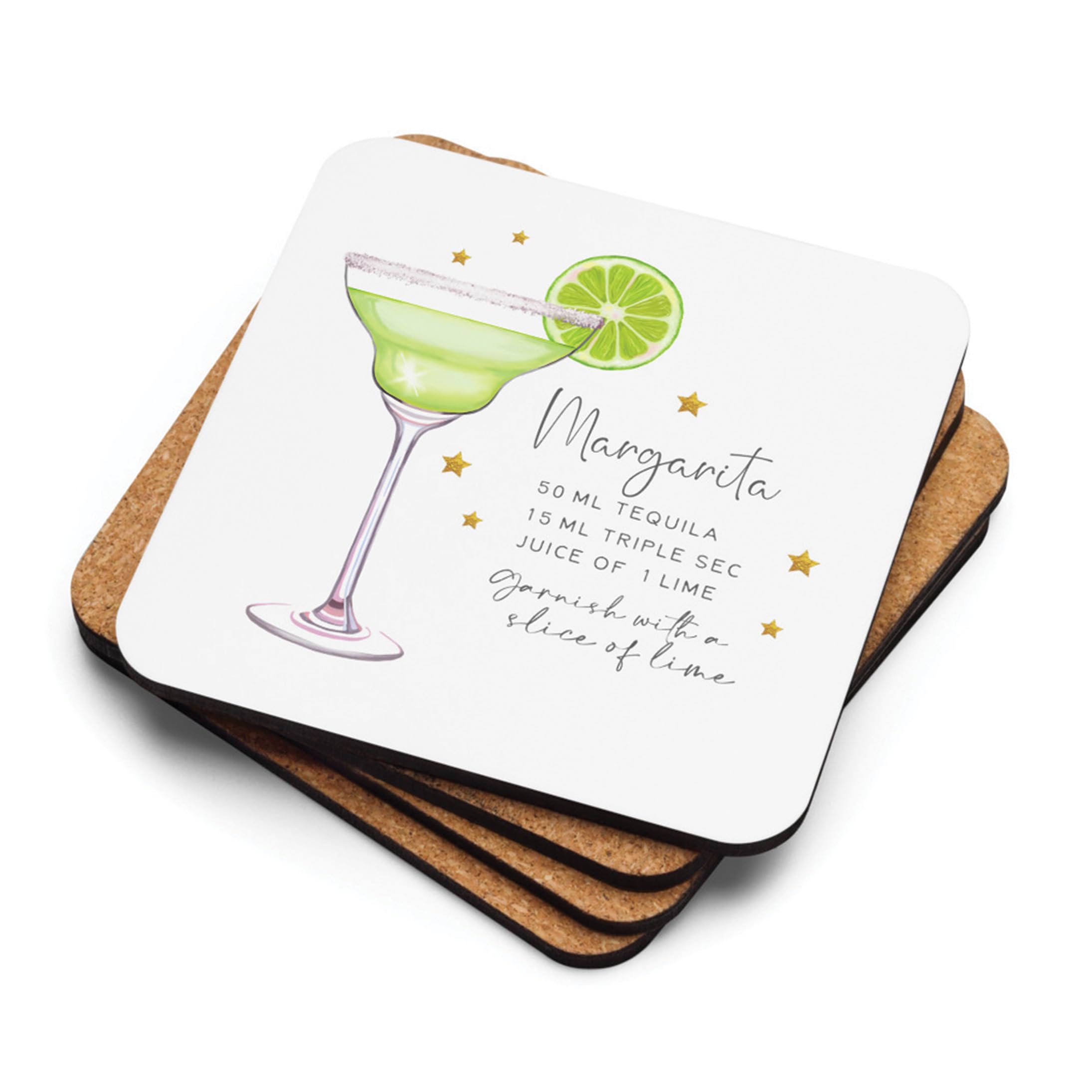 Just Printed Cocktail Recipe Coaster | Margarita Cocktail Recipe | 90mm Square Gloss Finish Cork Base