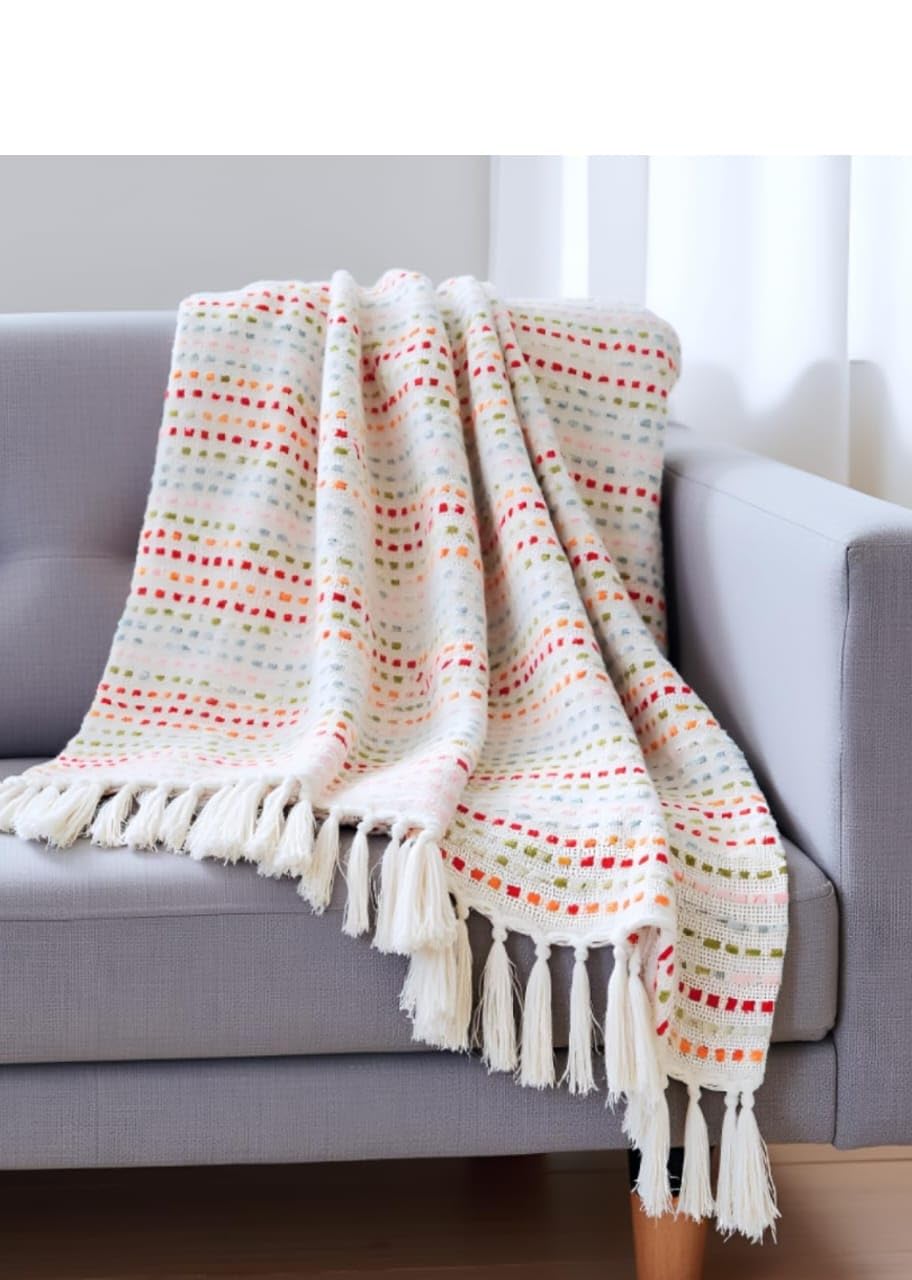 Throw Blanket with Fringe, Cream with Colorful Striped Dots Pattern, Decorative Accent for Sofa Couch Pack of 1-image-43