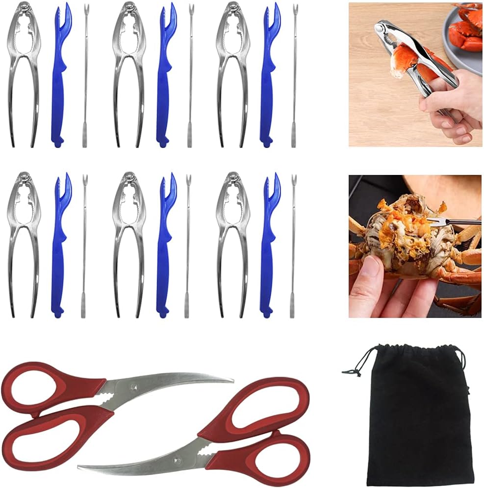 Crab Crackers and Tools,Crab Leg Crackers,21Pcs Seafood Tools Set of 6 or 4 People Including 6 Lobster Crackers,6 Lobster Shell Forks,6 Crab Shell Cracker,2 Seafood Scissors & Storage Bag