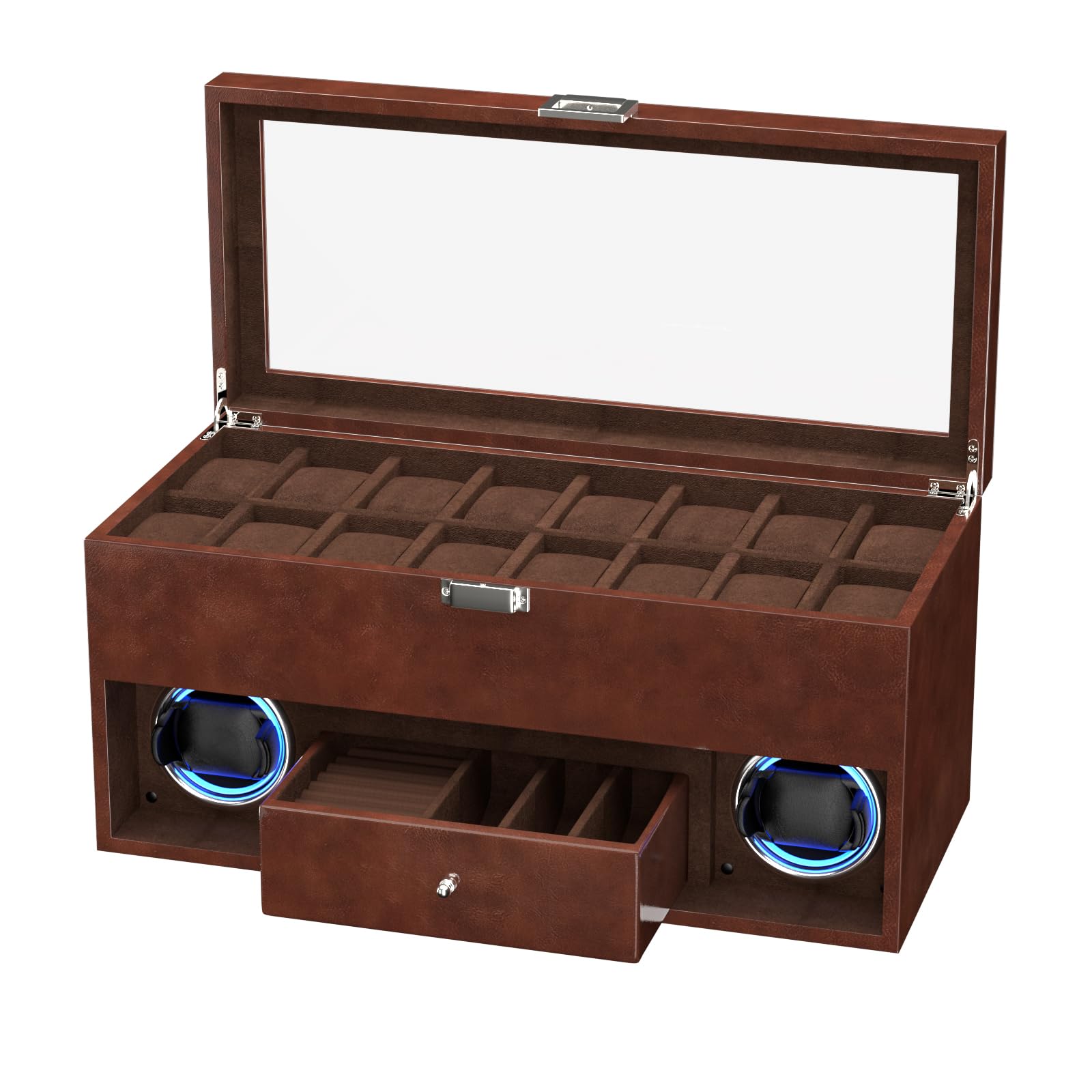 XTELARY Caja de almacenamiento doble para 2 relojes automáticos con caja de 16 cajones, 4 modos de rotación, cojín ajustable y luz LED azul para los amantes de los relojes