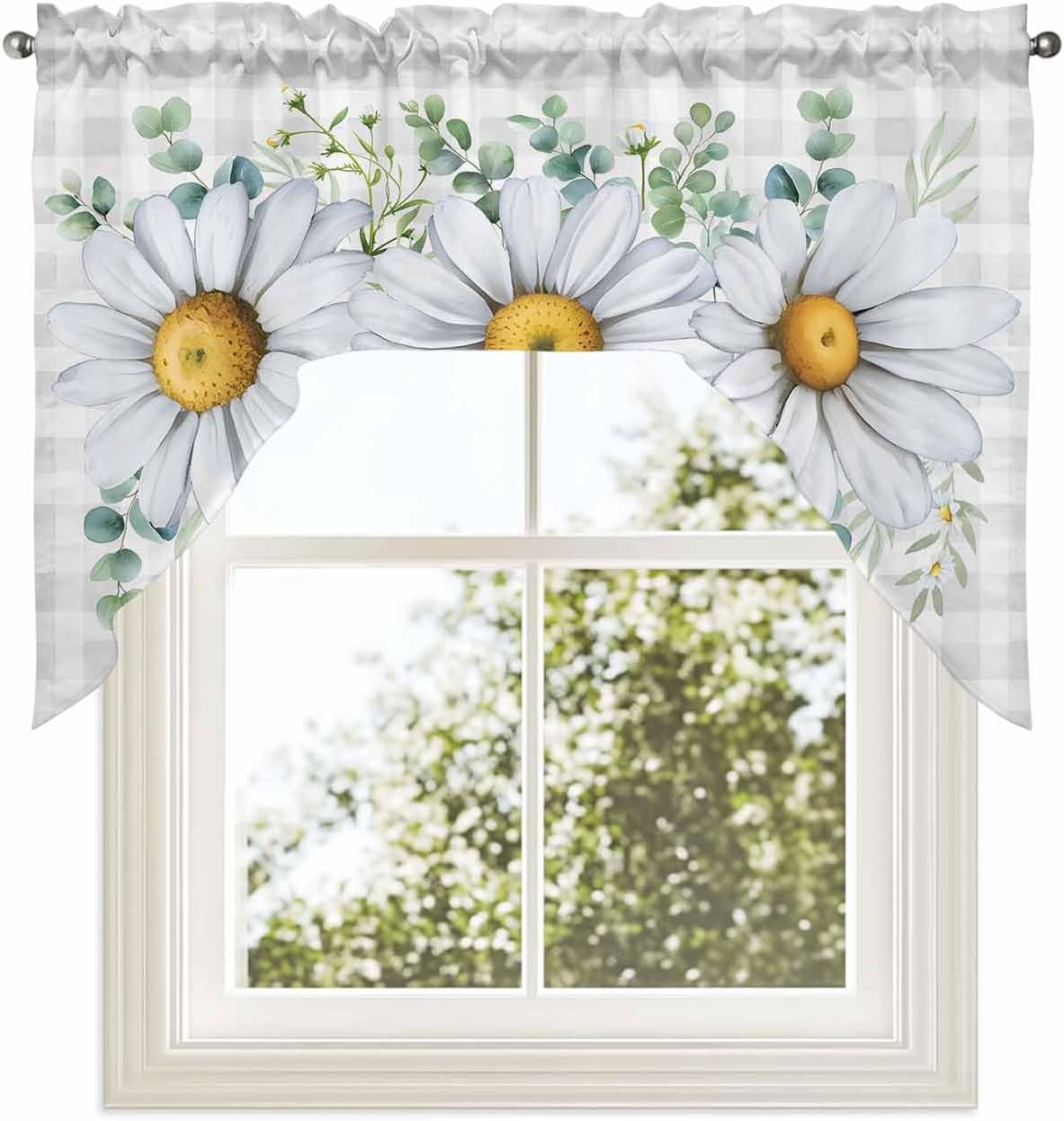 Flower Eucalyptus Kitchen Curtains Swag Valance and Tier Curtains Set 24 Inch Length, Rod Pocket Drape Panels Pair Swag Curtains for Bathroom/Cafe/Window Farmhouse Daisy Buffalo Plaid Check Grey