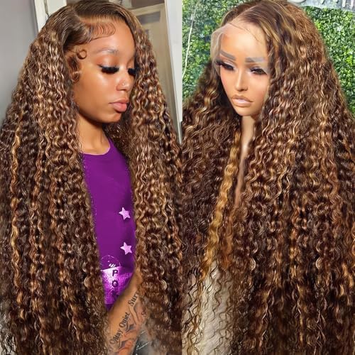 LAINSS 13x6 Highlight Deep Wave Lace Front Wigs Human Hair 210% Density Deep Curly Human Hair Wig Pre Plucked 28inch P4/27 Ombre HD Lace Frontal Wigs for Women