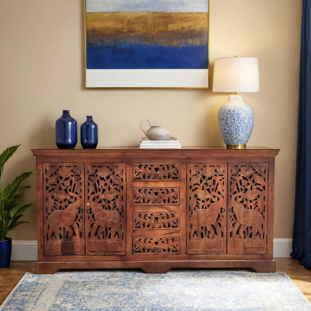 Solid Wood Sideboard Tv Cabinet for Living Room, Office | Tv Unit Sideboard Table with 4 Drawers & 4 Doors | Antique Wooden Furniture for Home, Teak-image-24