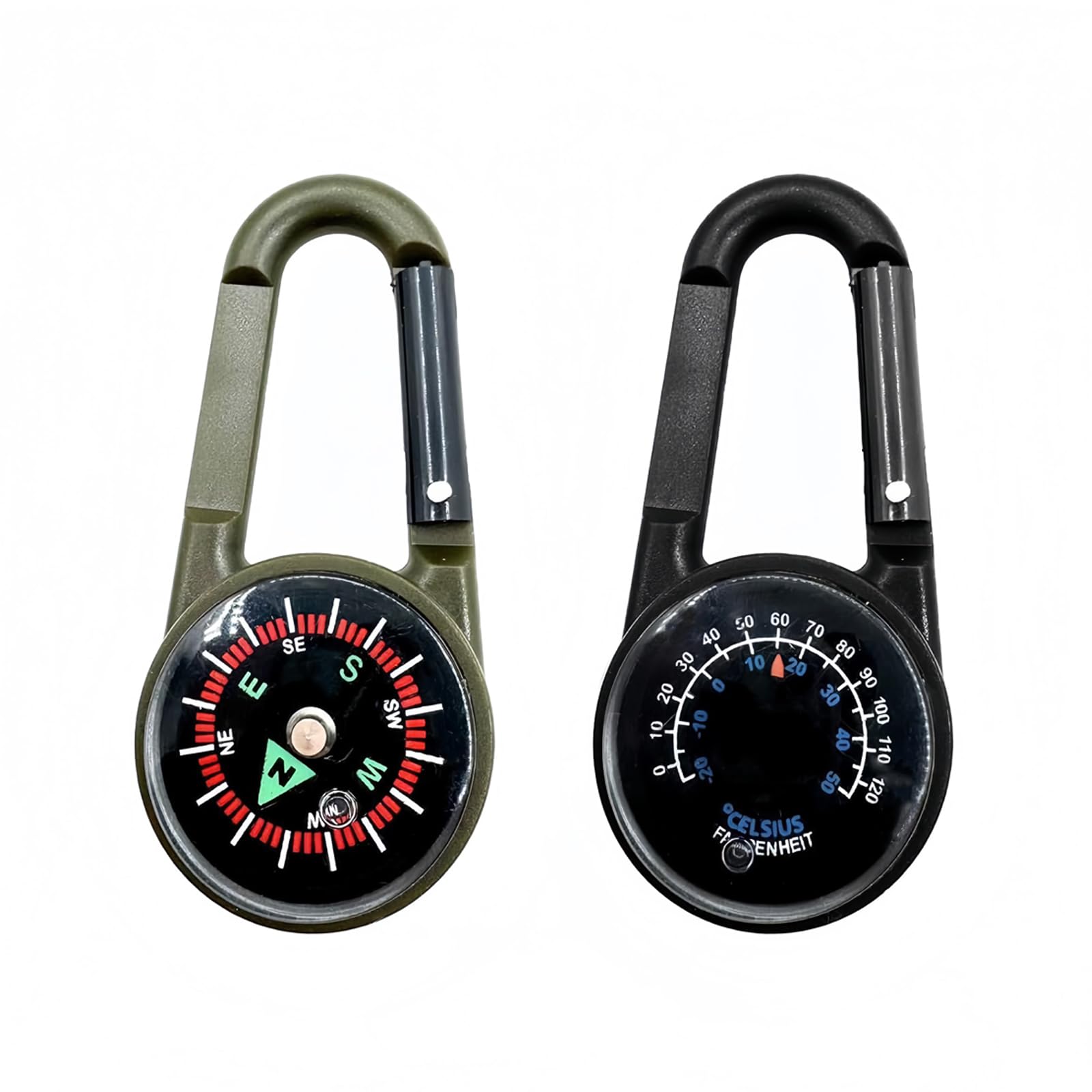 Set de 2 brújulas con mosquetón, ideal para camping y senderismo.