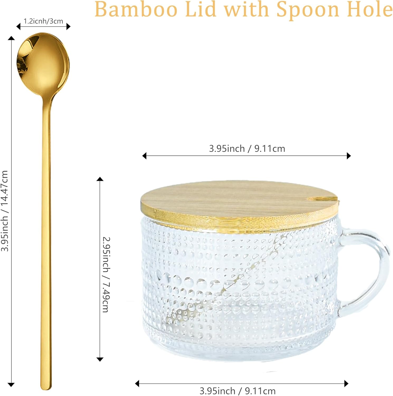 14 oz Vintage Coffee Glass of 6 Hobnail Overnight Oats Glass Mug with Handle Bamboo Lids Spoon for Iced Coffee Latte Yogurt(Hobnail*6 with Spoon Hole Lid)
