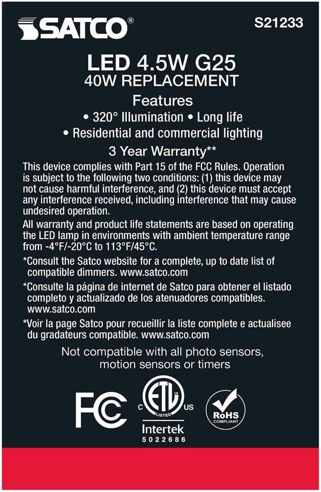 Satco S21233-4.5 Watt LED G25 Globe Light Bulb - Natural White, 120V, 6 Pack