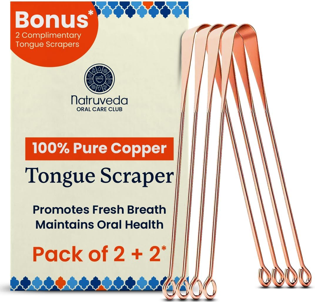 Natruveda Copper Tongue Scraper - Metal Oral Hygiene Tool for Kids, Reusable Mouth Scraper & Cleaner, Premium Copper Design, Fresher Breath & Debris Removal, Travel-Friendly, USA-Based Seller - 4-PACK