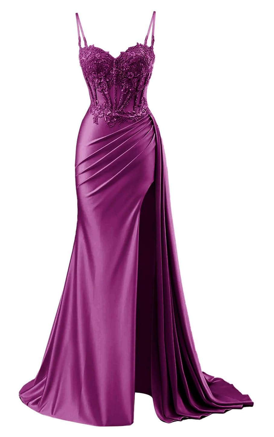 Yiann Women's Plum Satin Mermaid Prom Dresses For Long Ball Gown Spaghetti Strap Evening Gown With Slit Uk16