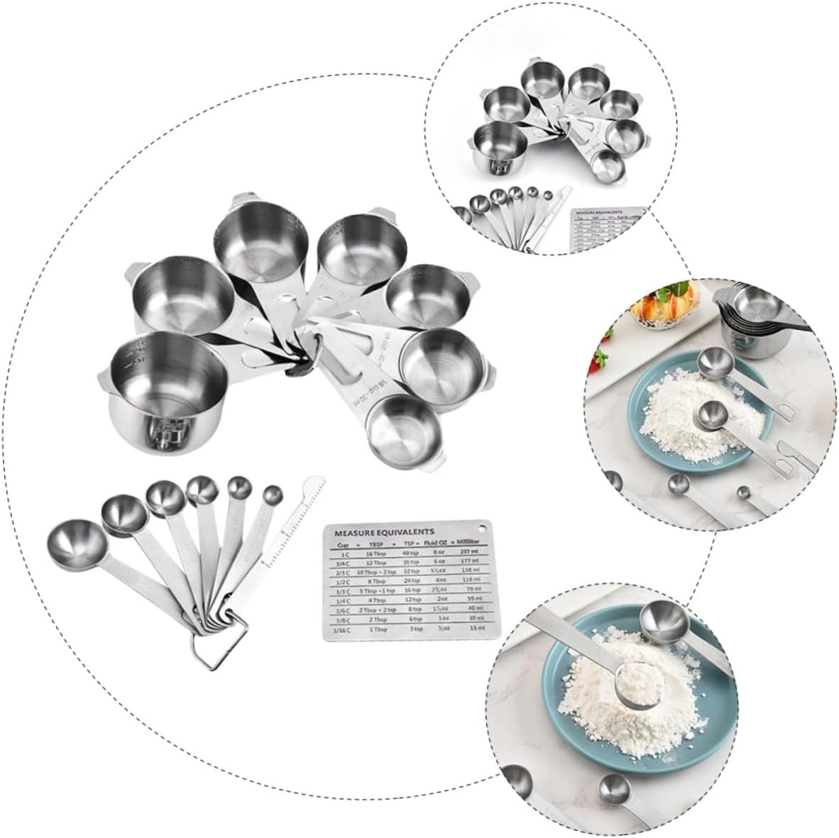 Unomor 15Pcs Stainless Steel Measuring Cups and Spoons Set Multi Purpose Baking Tools for Easy Measurement of Tea Grain Flour and Rice Comfortable Polished Design for Kitchen Use