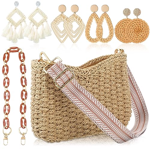 Abbylike Summer Handmade Straw Crossbody Bag for Women with 4 Rattan Earrings for Women Vacation Bohemian Supplies(Simple)