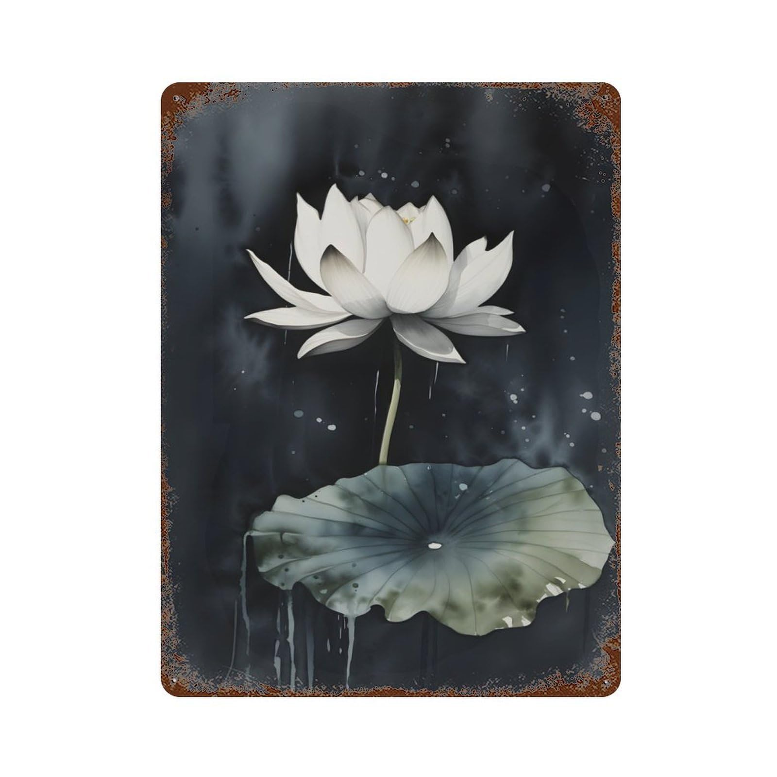 Retro Metal Sign with Contrasted Ink Wash Lotus Design 15.7"x11.8", for Bistro, Counter And Cafe Decor, Shabby Chic Decor