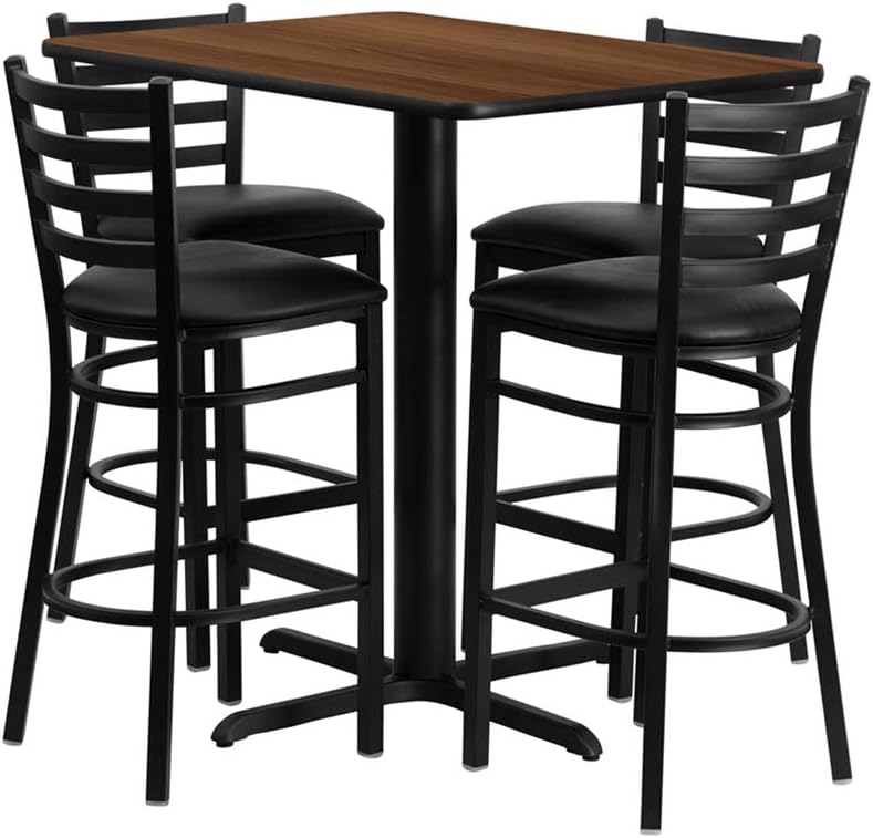 Offex 24''W x 42''L Rectangular Walnut Laminate Table Set with 4 Ladder Back Metal Barstools - Black Vinyl Seat