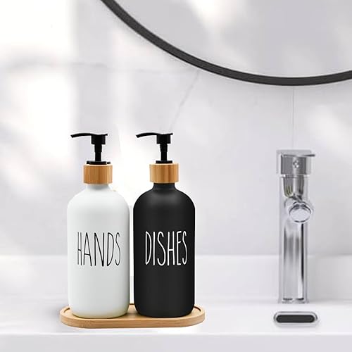 Miniatura 3 de Juego de dispensador de jabón de vidrio, dispensador de jabón para manos y platos de 16 onzas con bandeja de bambú, cocina moderna de granja