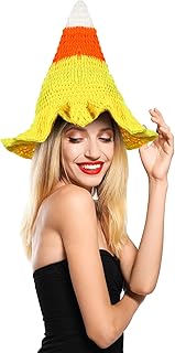 10.63 x 12.99 Inch Candy Corn Witch Hat Crochet Pattern for Women Adult Knitted Crochet Wizard Hat for Autumn Halloween Cosplay Party Decorations, Orange, White and Yellow - Buy now