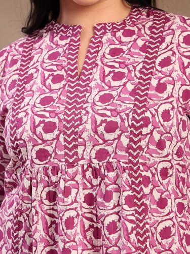 Image of Stylum Women's Plus Size Blue Floral Printed Pure Cotton Top | Plus Size Tops for Women Short Kurti