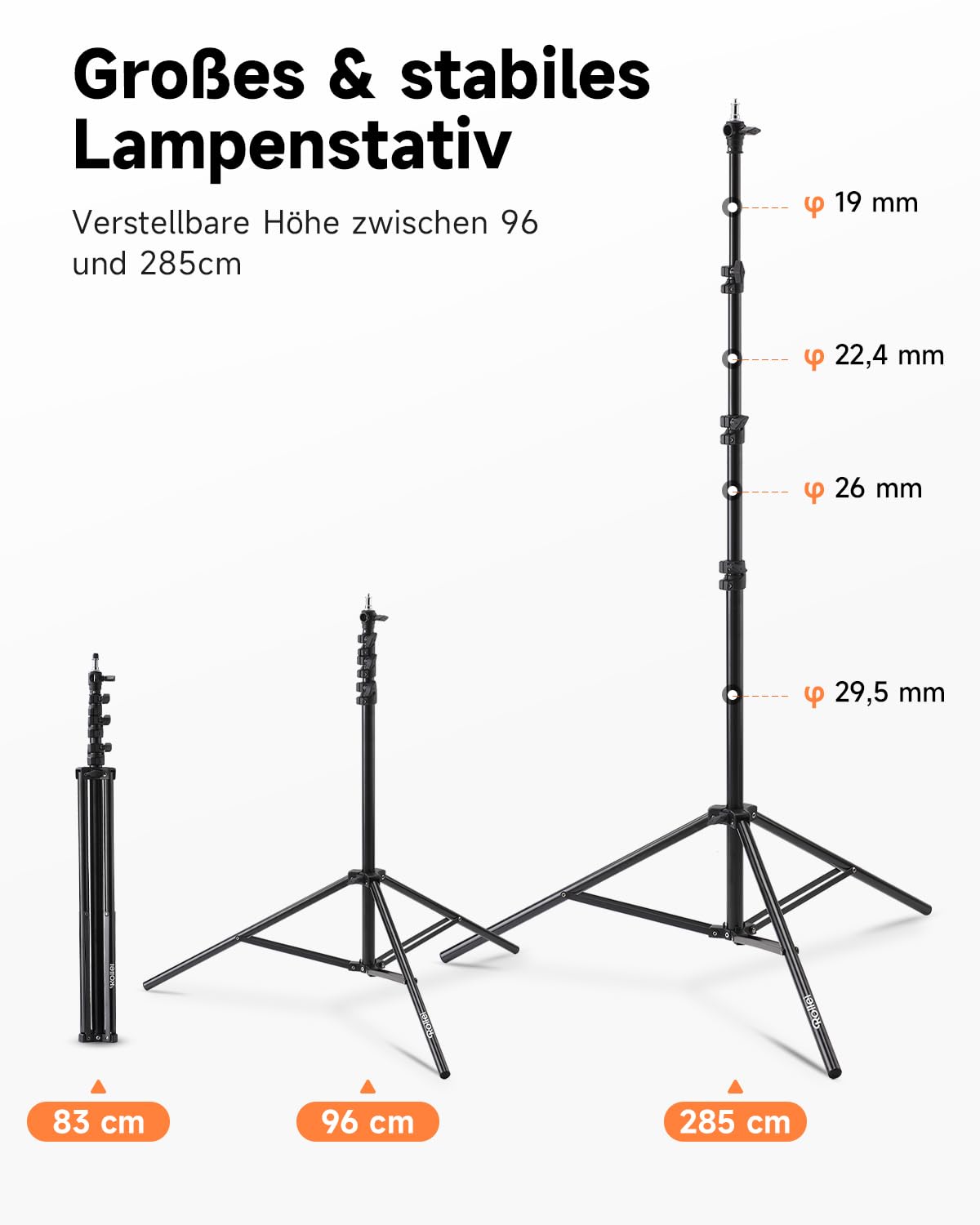 Rollei Pro Flash Stand 285 cm - Treppiedi per lampada professionale 285 cm – Treppiedi per lampada in alluminio robusto per flash da studio, Altezza regolabile tra 125 e 285 cm - Nero