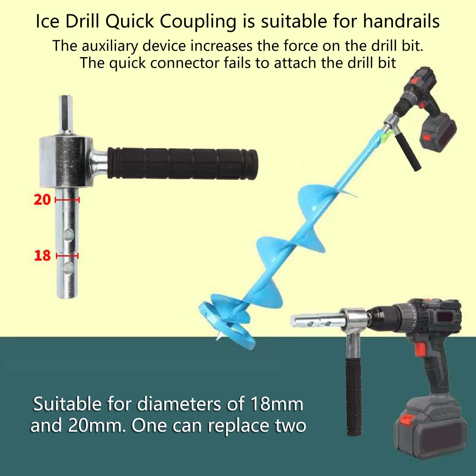 Securely Ice Fishing Drill Bit Handle Adapter Universal Attachment for 18mm and 20mm Bit Easy Operations Hand Auger Ice Fishing Drill Adapter