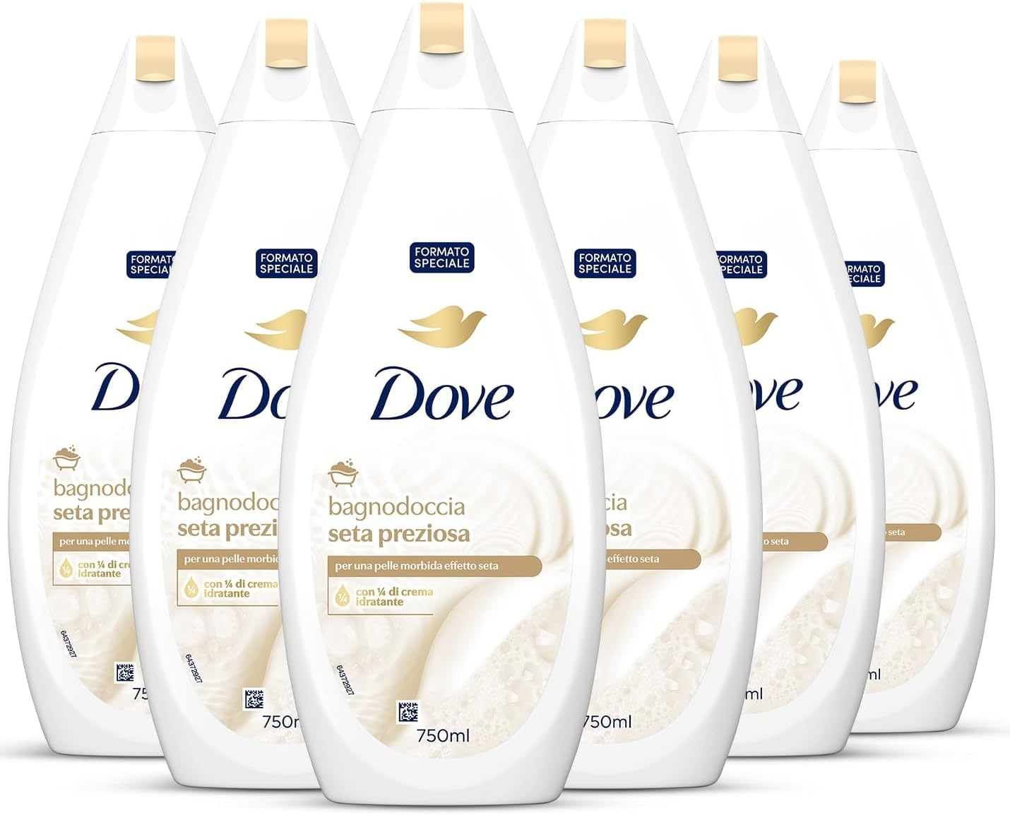 Dove Duschschaum aus Seide, Formel mit Dermo-natürlicher Feuchtigkeitsspender, mit 1/4 Feuchtigkeitscreme, dermatologisch getestet, Duschgel für Damen und Herren, 100% recycelte Flasche* 6 Stück x