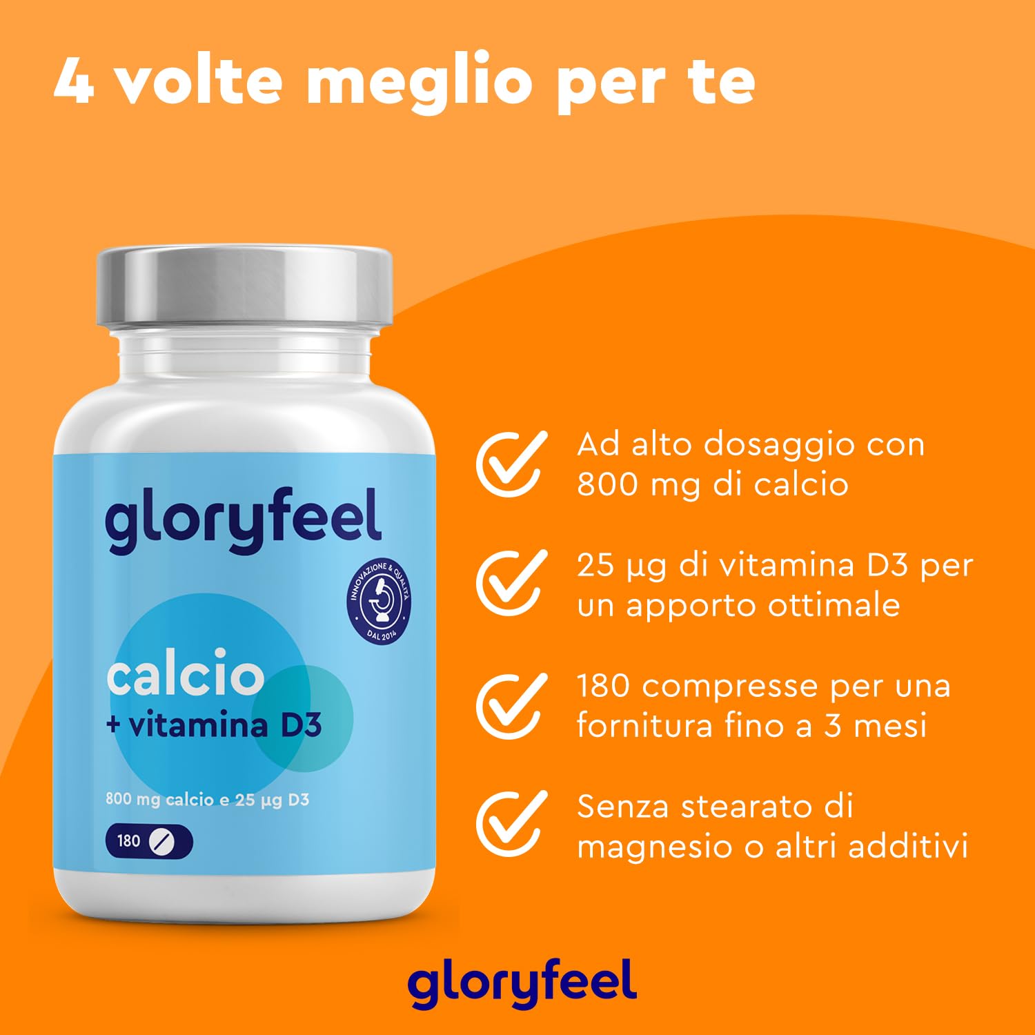 Integratore Calcio e Vitamina D3, 180 Compresse, Eletto PRODOTTO DELL'ANNO 2025, (Scorta per 3 Mesi), Calcio 800 mg e Vitamina D3 25µg, Integratore per il Supporto delle Ossa*, Senza OGM