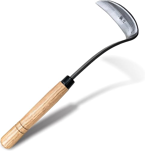 SHANFEEK Hoz de hierba japonesa azada de deshierbe herramienta de mano para jardín, acero de alta resistencia con mango de madera maciza (gris)