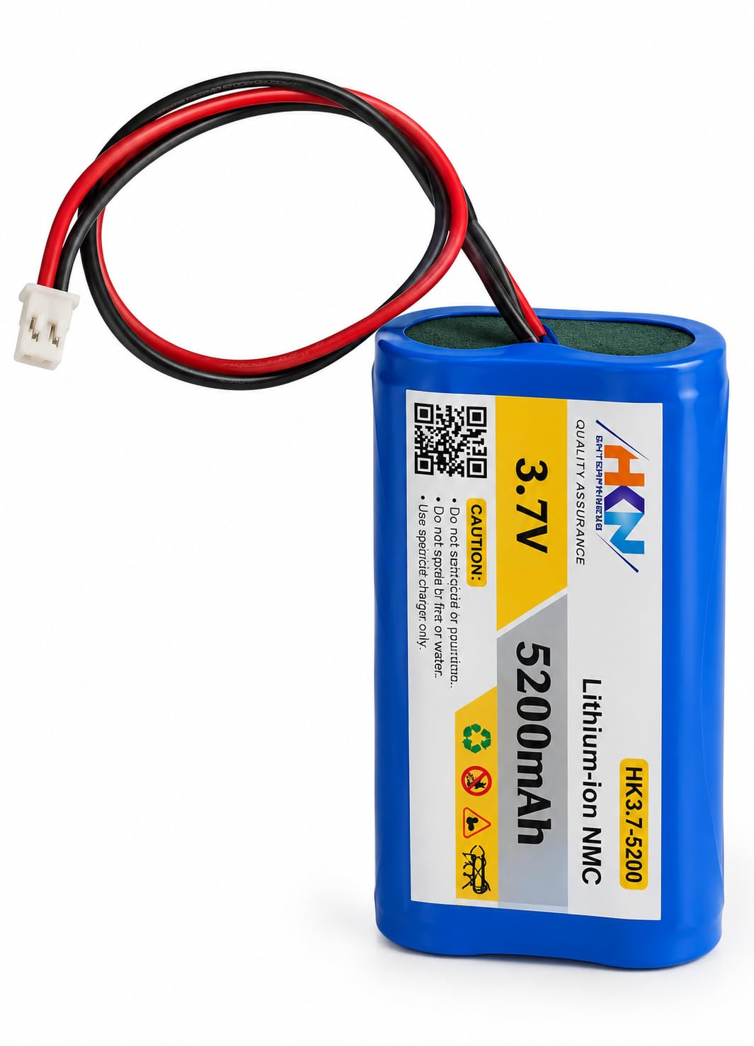 hkn enterprises 3.7v 5200mah lithium-ion rechargeable battery pack | 1s configuration | jst 2 pin connector | compact size for diy projects, led lights, toys, bluetooth speakers
