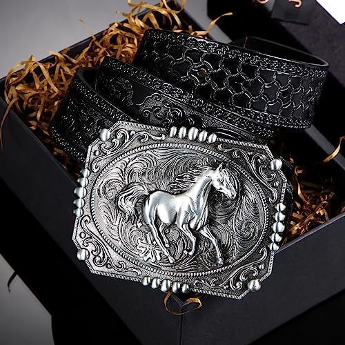 Hicarer 45'' Leather Buckle Belt Classic and Retro Belts for Men Cowboy with Horse Pattern Engraved Buckle4