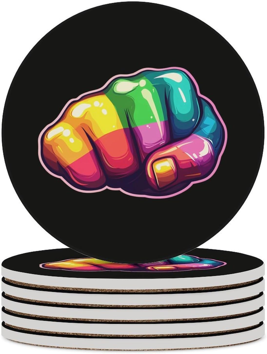 Resist Fist Rainbow Hand Coasters for Drink Round Ceramic Coaster with Cork Base Home Decorative 6PCS