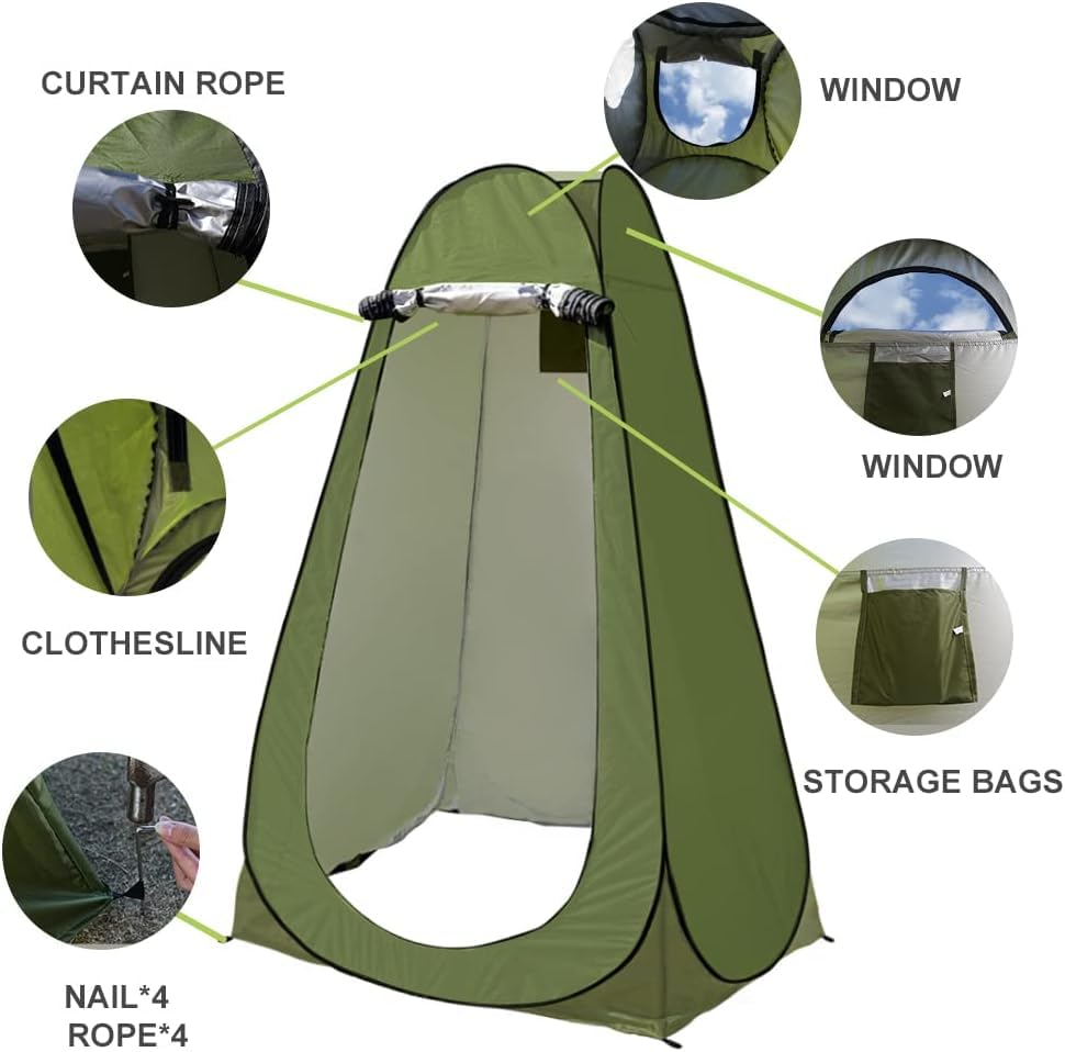 Image of Pop-Up Privacy Camping Tent - Portable Polyester Outdoor Shower Tent, Dressing Changing Room, Camp Toilet Tent with UV Protection, Zippered Windows, Storage Pockets & Carry Bag for Travel