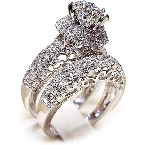 RKKOJJO 925 Sterling Silver Bridal Rings Sets AAA Cubic Zirconia CZ Full Diamond Engagements Rings Wedding 2 Pcs Promise Anniversary White Gold Rings for Women Size 7