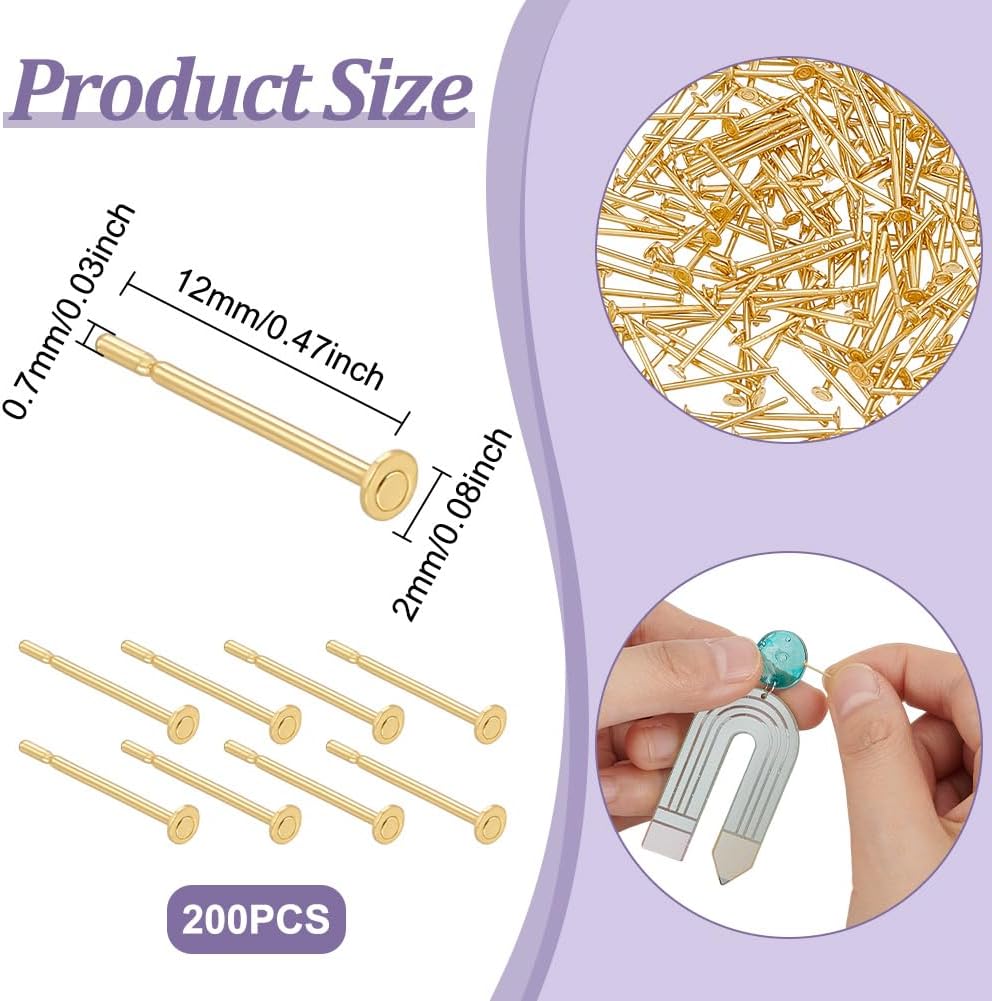 UNICRAFTALE About 200pcs 18K Gold Plated Earring Posts Flat Pad Earring Studs Stainless Steel Stud Earring Findings Metal Flat Round Blank Earring Pads for DIY Earring Making 2mm image 3
