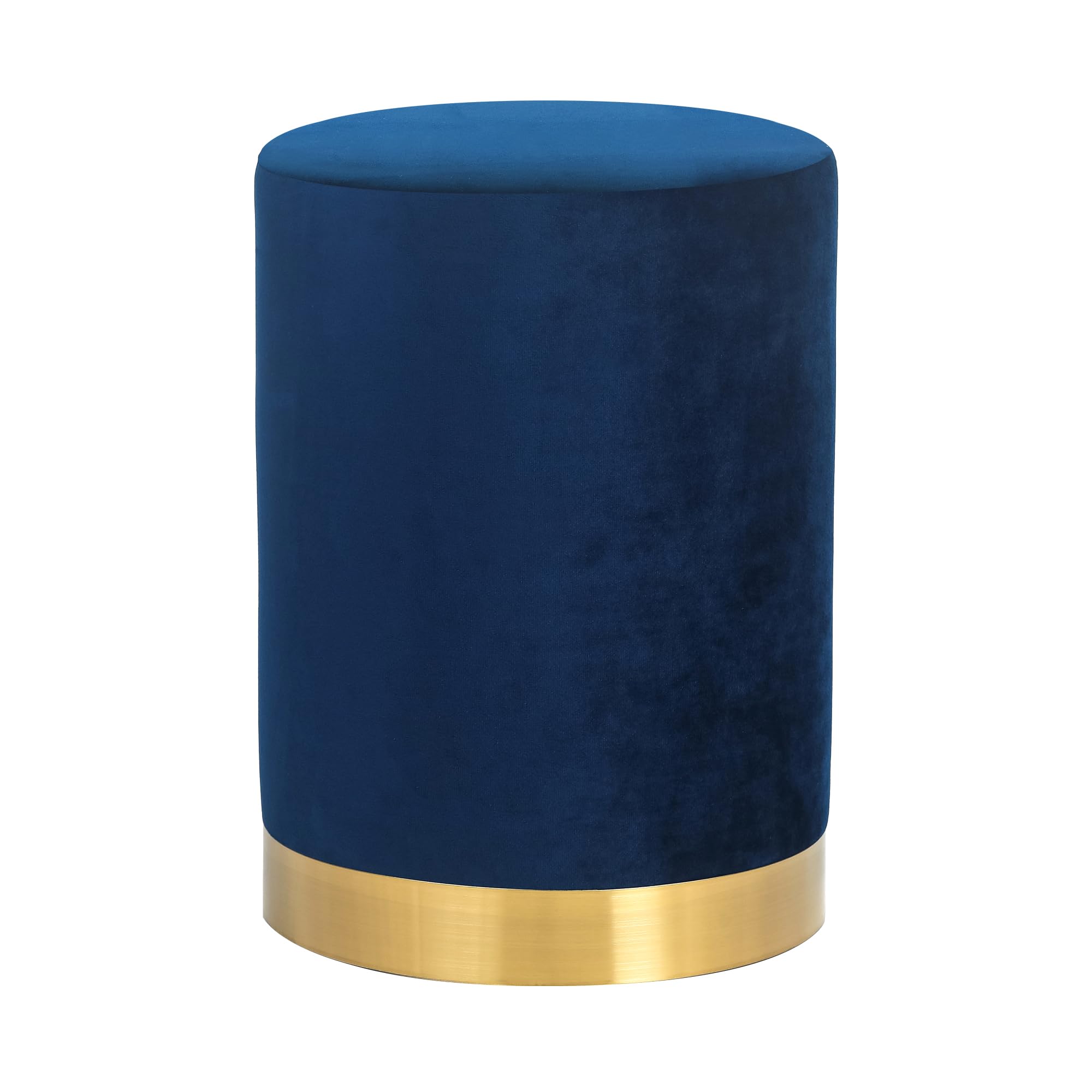 Adeco 11.61" Round Velvet Ottoman with Gold Metal Base, Upholstered Makeup Vanity Chair Soft Compact Padded Foot Rest Stool, Boucle Stool for Living Room Bedroom (Navy)
