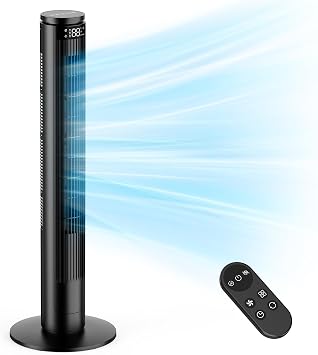 Tower Fan 92cm with LED Display Shut Off & Silent Remote Control, Floor Fan Tower 28dB Quiet Operation,6 Speeds+5 Modes, 70  Oscillation Bladeless Fan, 8m/s Airflow, 1-12H Timer, Easy Operation