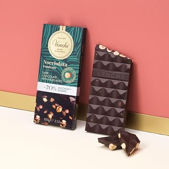 Venchi - Dark Chocolate Hazelnut Bar with 70% Less Sugar, 100g - No Added Sugar - Gluten Free (Pack of 2)