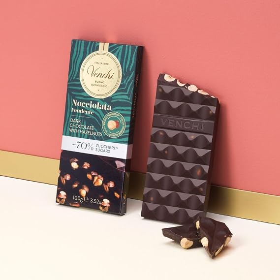 Venchi - Dark Chocolate Hazelnut Bar with 70% Less Sugar, 100g - No Added Sugar - Gluten Free (Pack of 2)