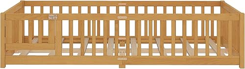 Miniatura 7 de Cama de suelo de tamaño individual con rieles, cama Montessori de madera tamaño individual con listones de soporte, marco de cama individual para