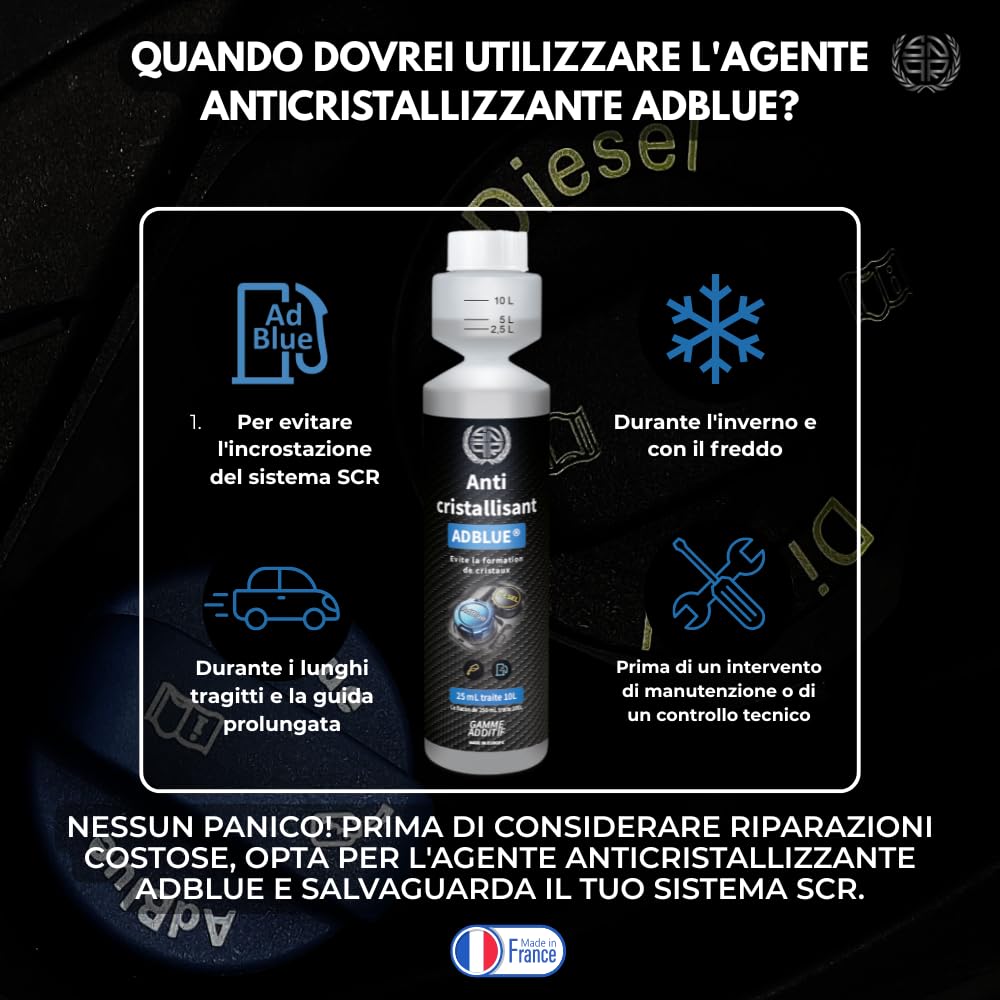 Anti-Cristalli AdBlue Additivo - 250 ml - SNQR | SNQR-103 | Protegge Sistema SCR | Pulisce Iniettori Urea | 1 Flacone Tratta 100L | Auto e Camion Diesel