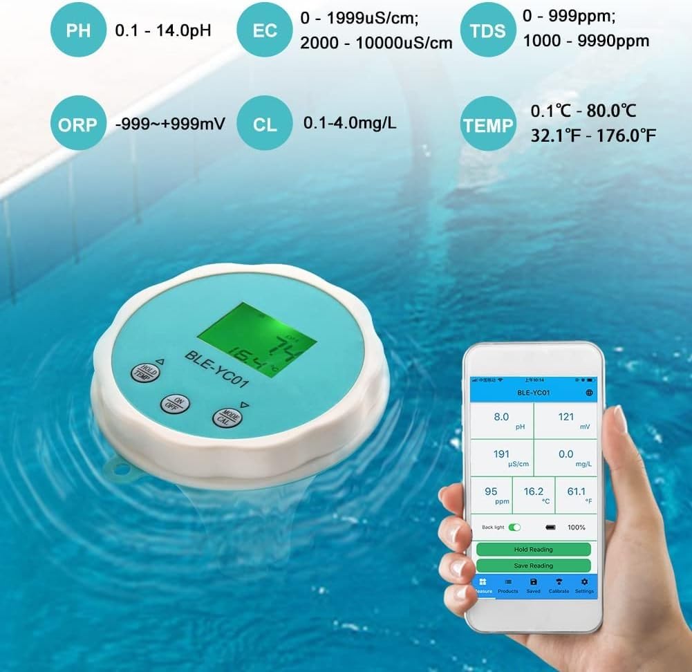 Probador de calidad del agua de la piscina Monitor de piscina Bluetooth Cloro de temperatura digital, termómetro de piscina 6 en 1, temperatura PH CL EC TDS ORP for piscina, acuario, laboratorio
