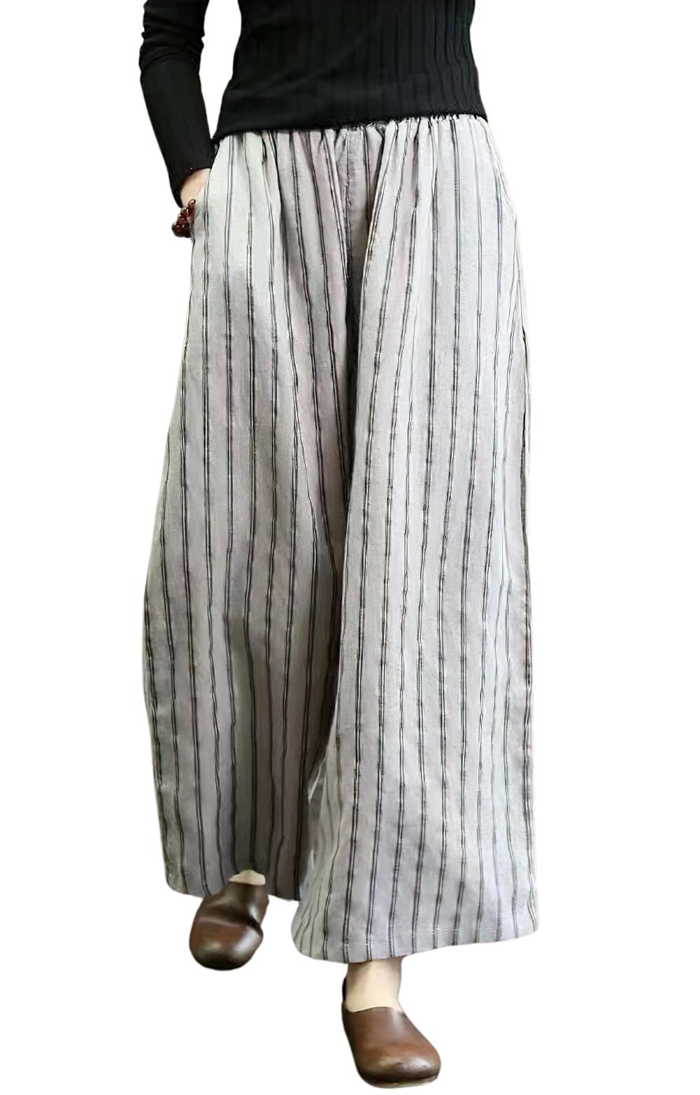 chouyatou Womens Elastic Waist Striped Cotton Linen Wide Leg Pants Summer Palazzo Beach Pants