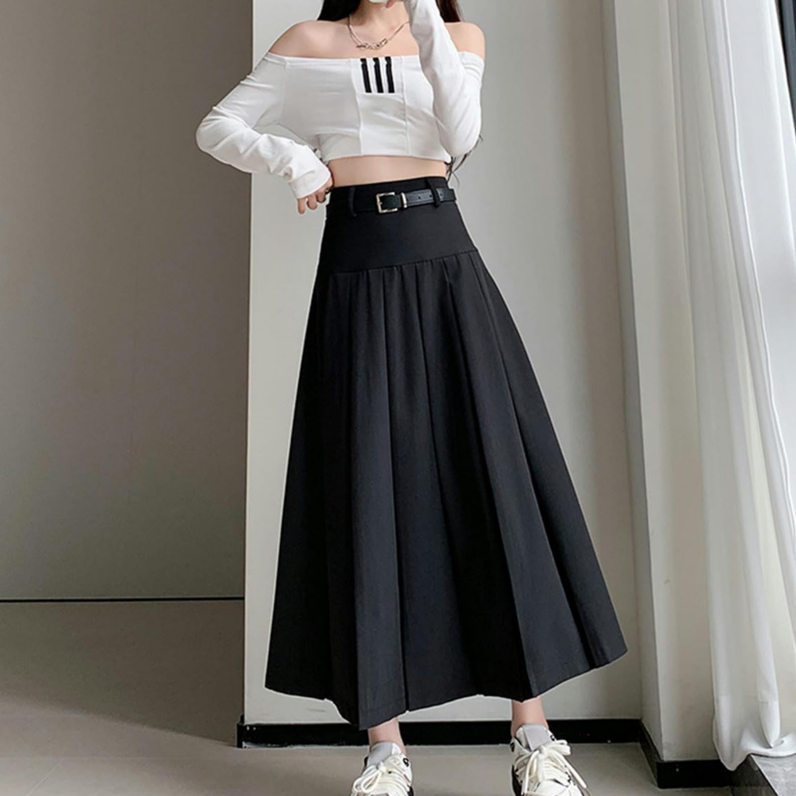 Strickrock Damen Herbst Und Winter Frauen Halbrock Vielseitiger Faltenrock Hohe Taille Große Swing A-Linie Rock Mittlere Länge Rock-grau-l