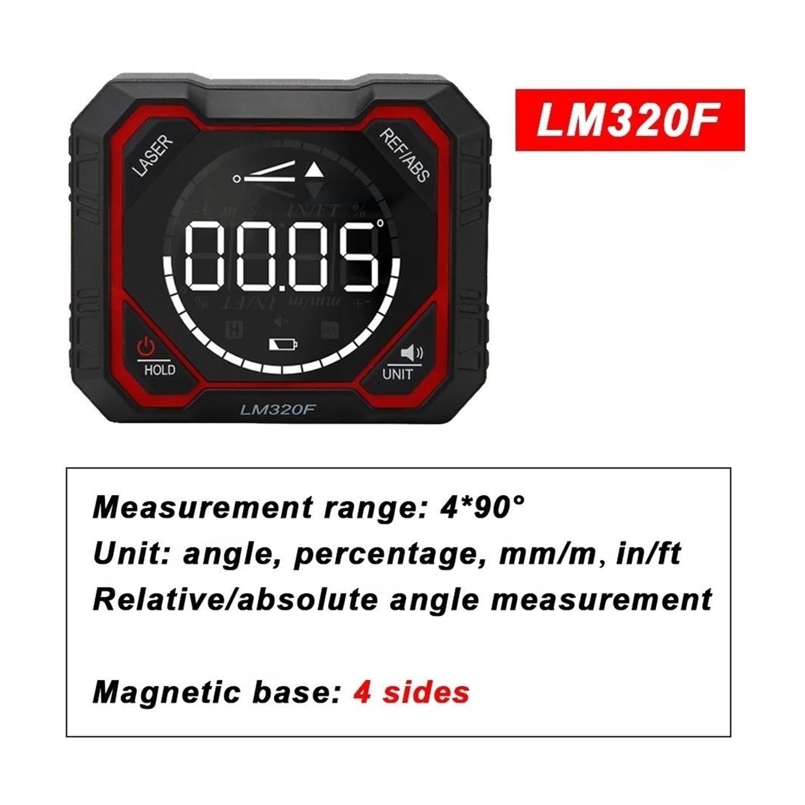 Cyfrowy inklinometr LM320F/E/D, pomiar kąta 4x90°, względny i bezwzględny magnetyczny(LM320F)