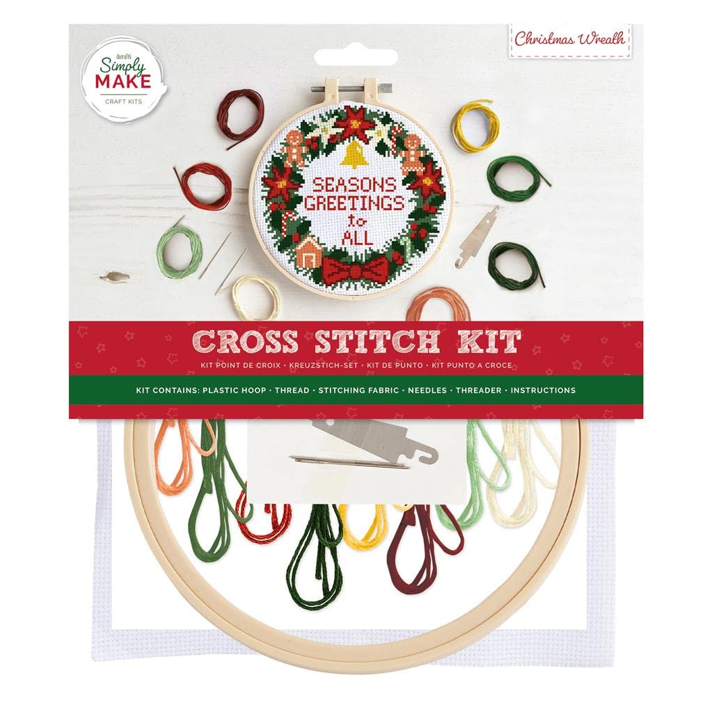 Simply Make Cross Stitch Kit - Christmas Wreath Design for Kids and Adults, Including Hoop, Embroidery Thread, Fabric and Needle - Perfect for Adult Crafts and Beginners Starter Cross Stitch Craft Kit
