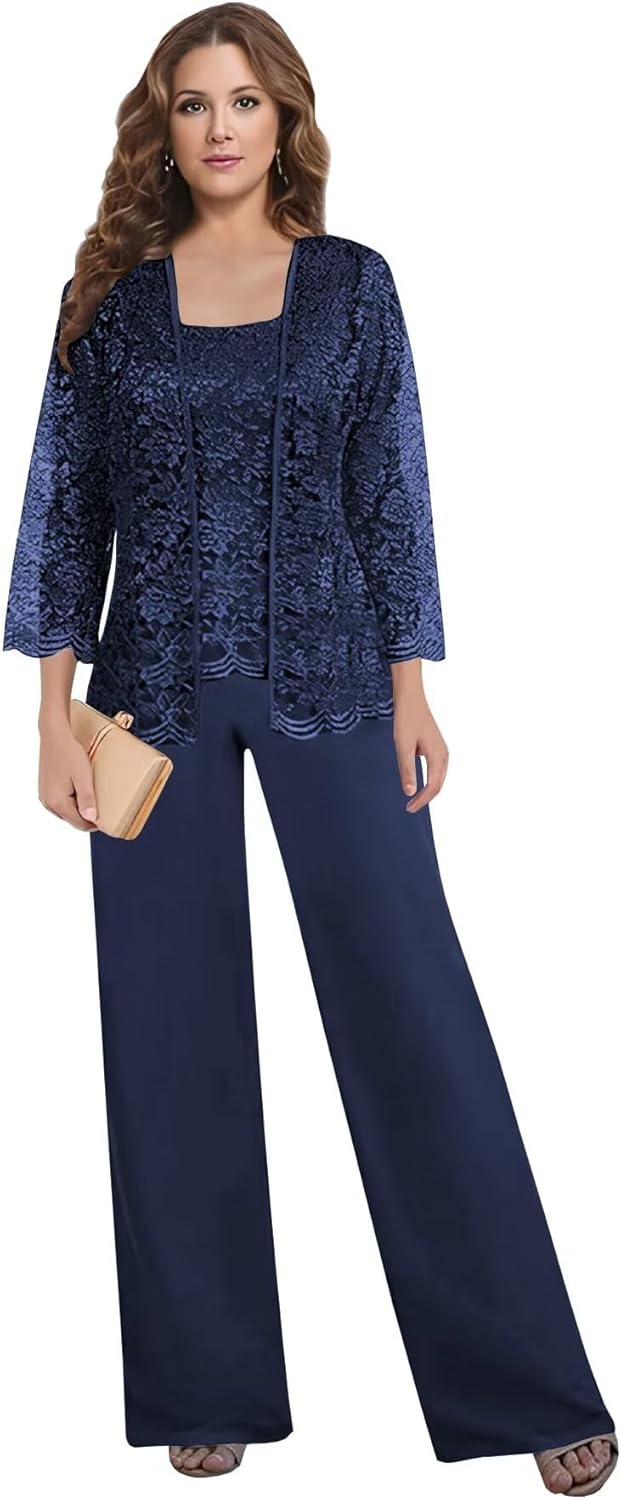 3 Pieces Mother of The Bride Pant Suits for Women Dressy with Jacket Chiffon Lace Wedding Formal Evening Outfit