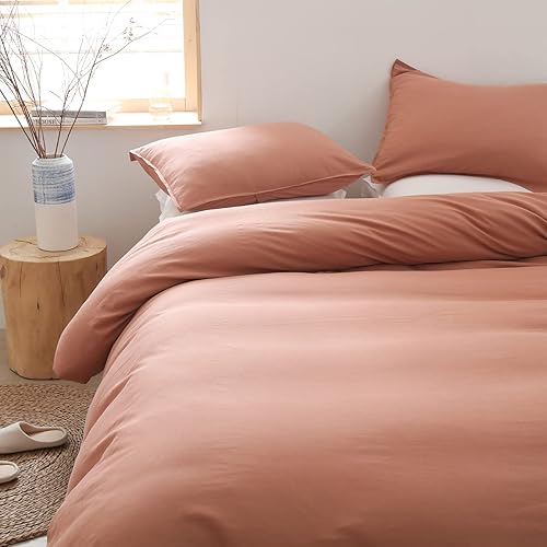 Juego de funda de edredón con textura de lino beige, 55% viscosa de bambú, 45% algodón, prelavado, suave, transpirable, tamaño King, para personas