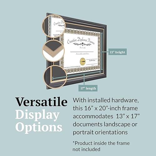 Vista 216 de Creative Picture Frames Marco para diploma Rockefeller de 9 x 12 pulgadas, color negro con borde dorado, muestra un certificado de 9 x 12 pulgadas