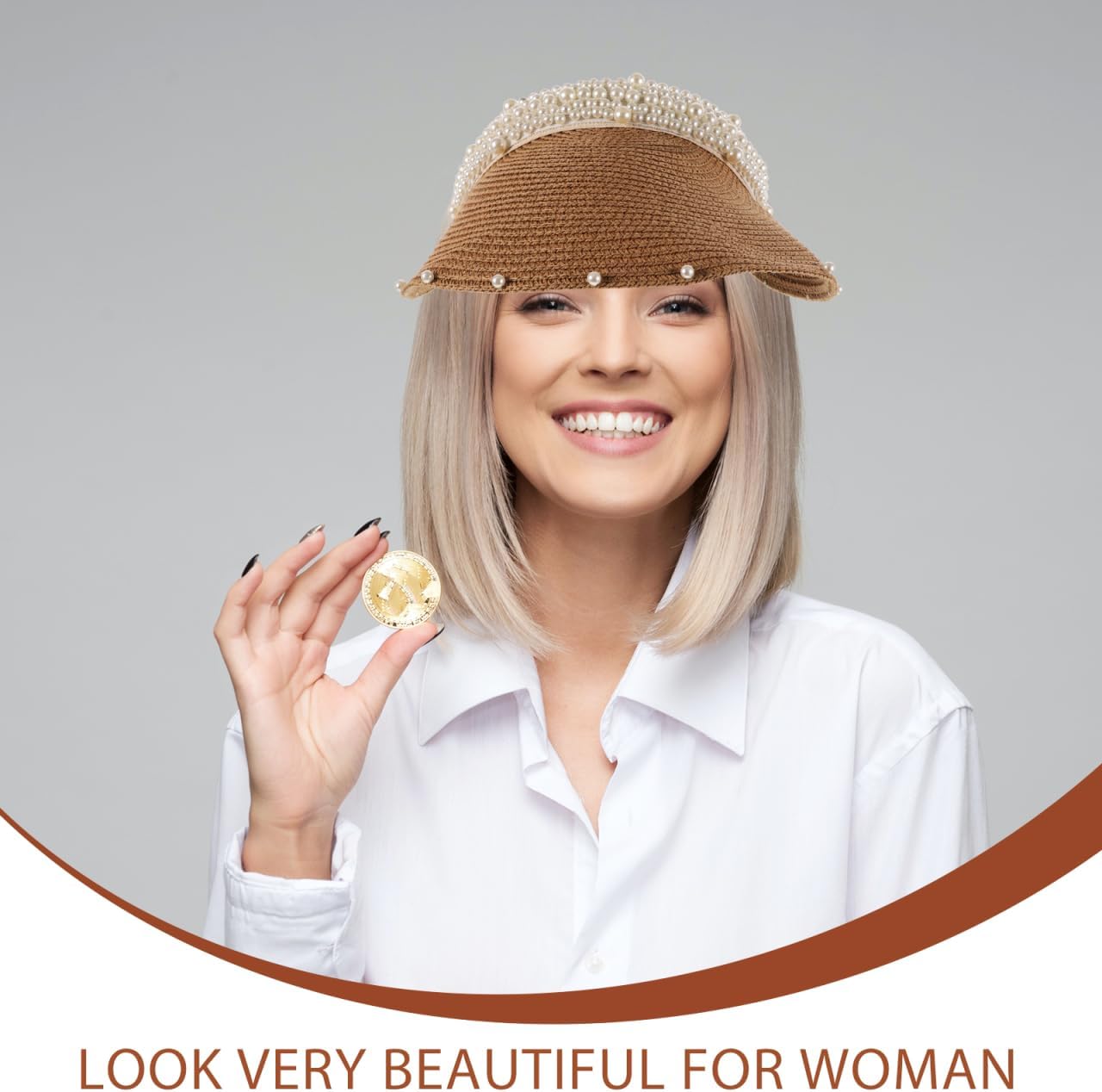 Mobestech Straw Sun Visor Hat for Women with Pearl Accent - Breathable Lightweight Beach Hat for Summer Vacation Outdoor Activities and Poolside Protection