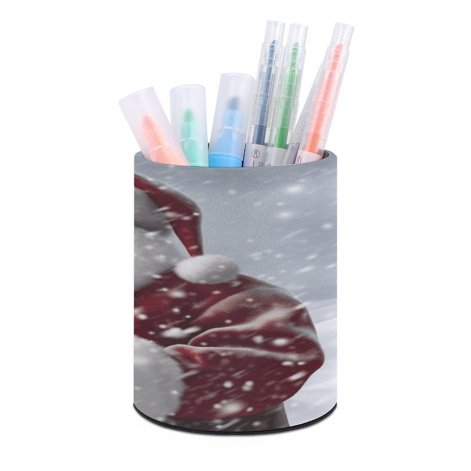 JTREHY Santa Claus Snow Secenry Pen Holder Round Pen Pencil Holder Makeup Brush Holders Cup PU Leather Pencil Cups Desktop Caddy Stationery Organizer Case Office Accessories Container Box